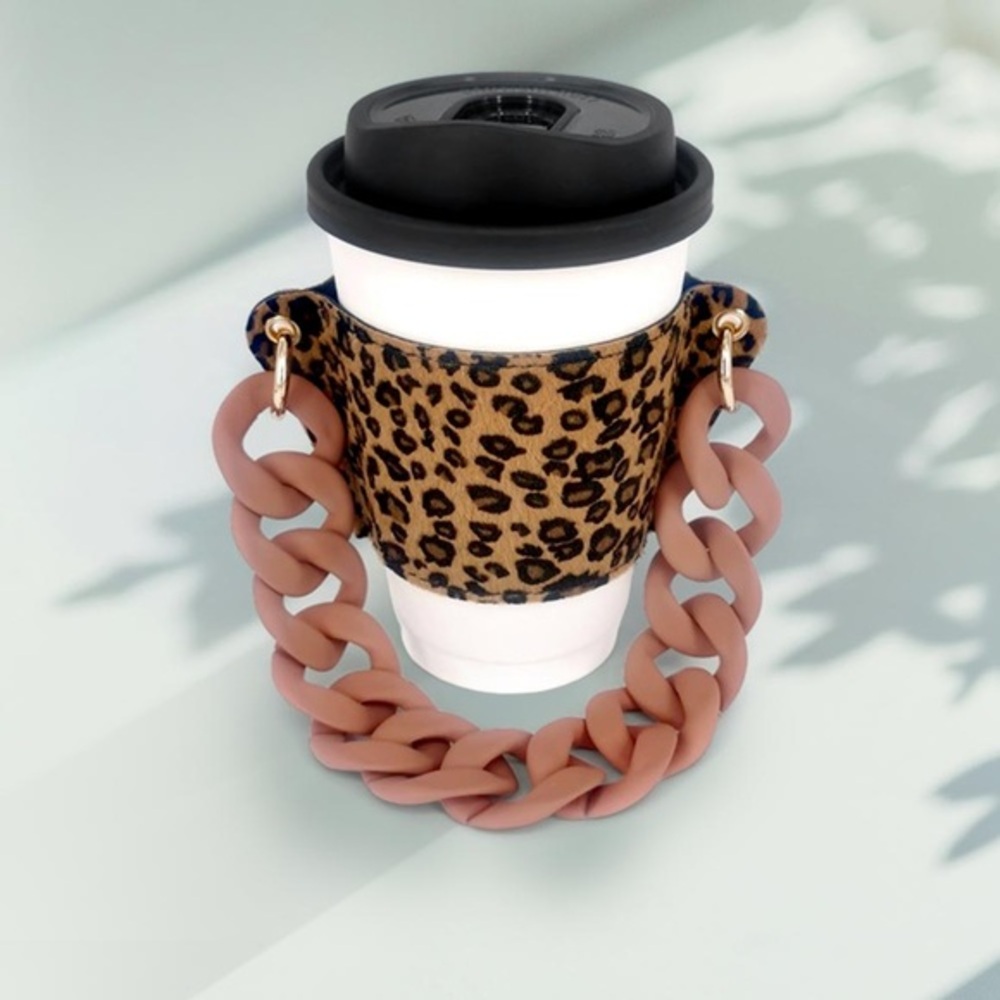 Leopard patterned leather coffee cup sleeve holder